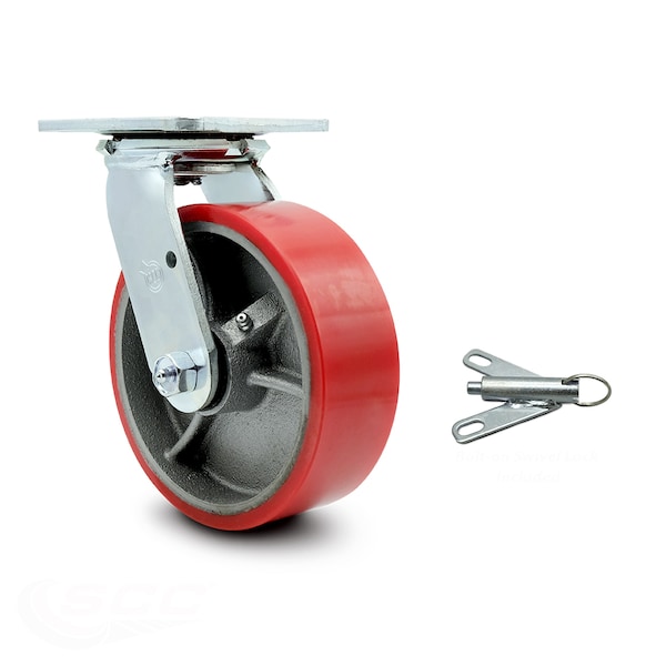 6 Inch Red Poly on Cast Iron Swivel Caster with Ball Bearing and Swivel Lock SCC